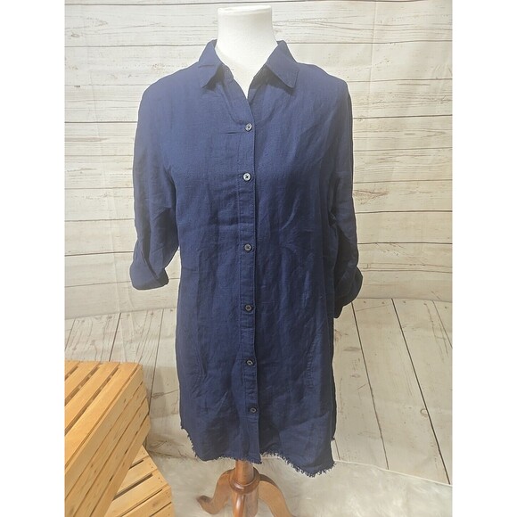 Tommy Bahama Women's Navy Linen St Lucia Boyfriend Shirt Size Small Roll Tab Raw - Picture 1 of 12
